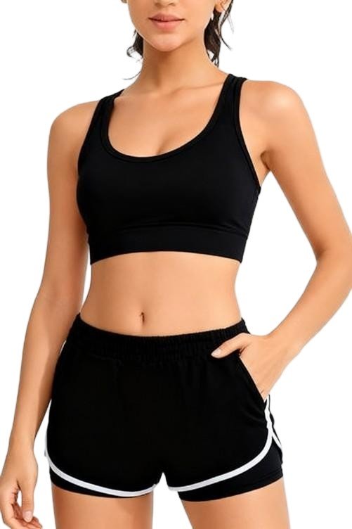 Black Racerback Sports Bra with White-Trimmed Shorts